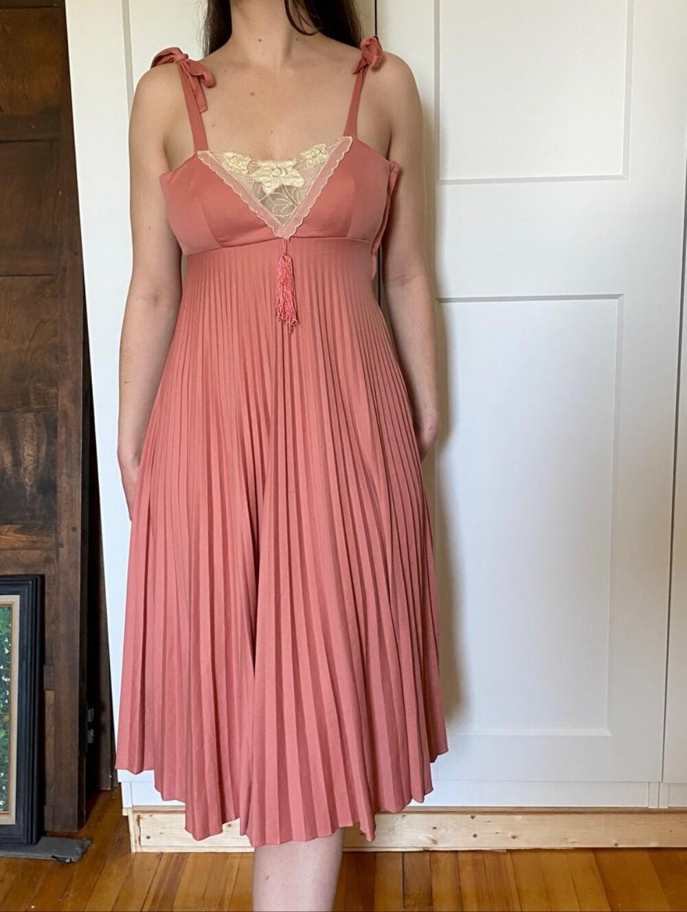 Young Edwardian Vintage 1970s Tie-Shoulder Pleated Maxi Dress in Dusty Rose